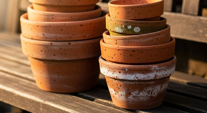Rustic terracotta flower pots stacked on weathered wooden bench, perfect for garden design, home decor, and outdoor living