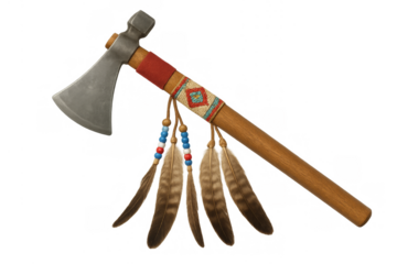 Native american tomahawk war axe with feathers and beads