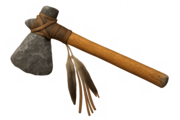 Native american stone axe with feathers on transparent background