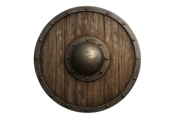 Obraz premium Round wooden viking warrior shield with metal boss