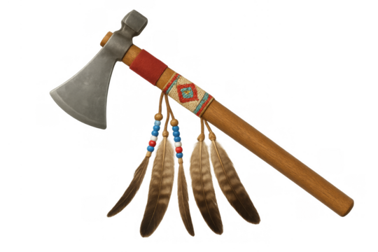 Native american tomahawk war axe with feathers and beads - Powered by Adobe