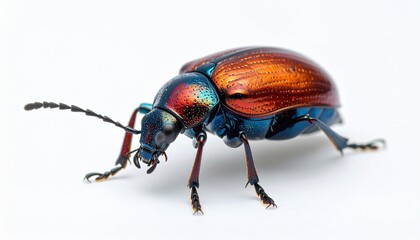 Vivid side profile of metallic beetle with red and blue body highlighting anatomical detail and color contrast