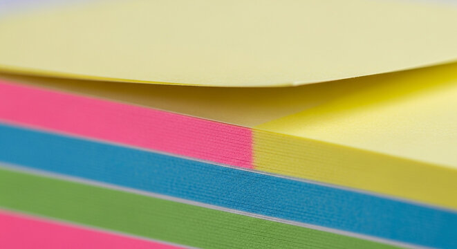 Vibrant colorful memo notes stacked for brainstorming sessions and creative project planning in a modern office, perfect for team collaboration