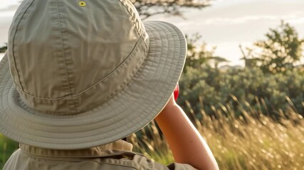A young child using binoculars to observe giraffes in the wild. 4K