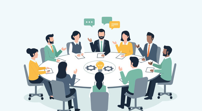 Business meeting brainstorming session teamwork collaboration idea generation discussion round table concept