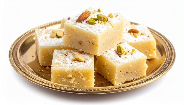 Golden plate with six silver-garnished barfi pieces topped with nuts symbolizing festive Indian confectionery