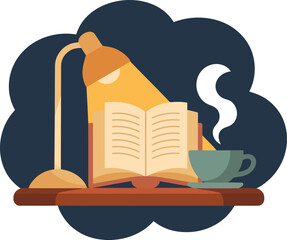 Cozy Reading Scene with Book Lamp and Coffee