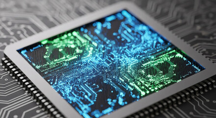 Stunning macro view of a computer processor with vibrant blue and green circuits, perfect for tech, AI, and innovation projects