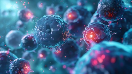 Microscopic view of cancer cells tumor growth and infection spreading in blue and red color scheme