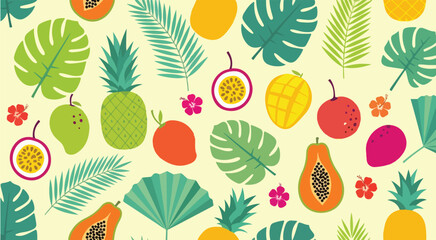 Tropical fruit and leaf pattern background vector illustration design for summer prints and textiles