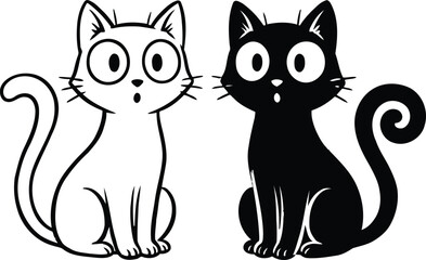 Two cartoon cats one black and one white with surprised expressions