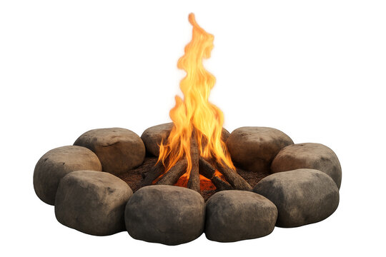 Campfire burning with logs and stone ring