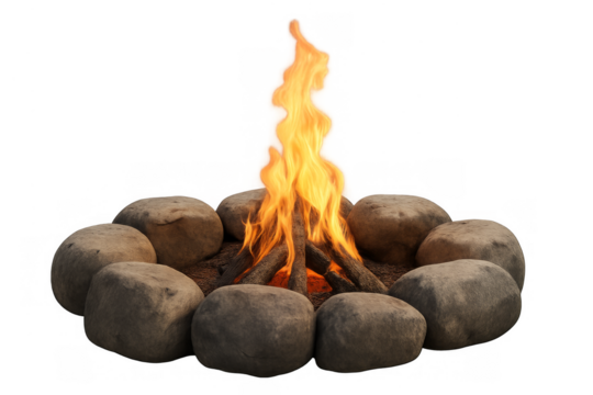 Campfire burning with logs and stone ring