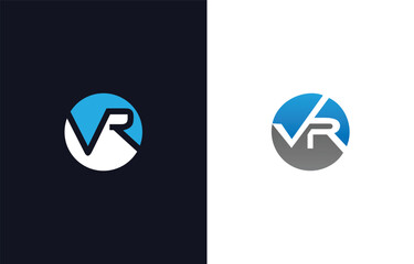 V R logo design with blue and gray circles on dark and vector template white backgrounds virtual