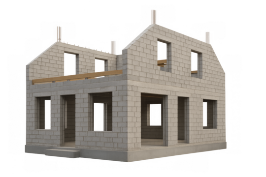 Unfinished house construction building structure on transparent background