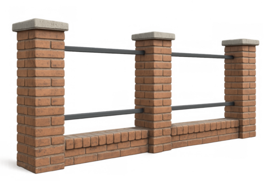 Brick fence with metal railings on transparent background