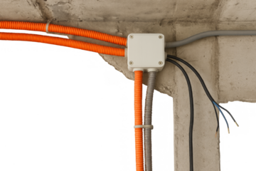 Electrical wiring conduit, cables, and junction box on concrete