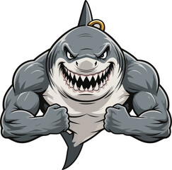 Aggressive muscular shark with a menacing grin and clenched fists, ready for a fight