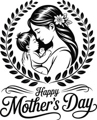 Happy mothers day illustration with a mother holding her baby surrounded by a laurel wreath isolated on white background