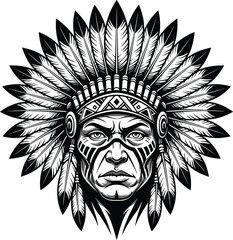 Native american chief wearing a headdress with feathers, isolated on white background