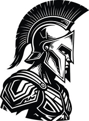 Spartan warrior in full armor and helmet, profile view, black and white illustration