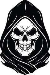 Grim reaper skull with hood, a symbol of death and fear, isolated on white background