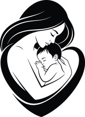 Mother embracing her sleeping baby within a heart shape, symbolizing unconditional love and protection, isolated on white background
