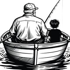 Elderly man and young boy in a rowboat, enjoying a peaceful fishing trip on the water