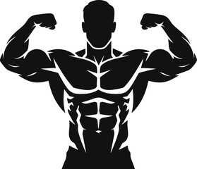 Silhouette of a muscular bodybuilder flexing biceps, isolated on white background