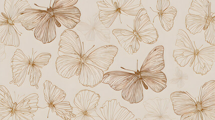 Scandinavian-style butterfly background, thin outline border, neutral beige palette, delicate line art butterflies, minimalist pattern.