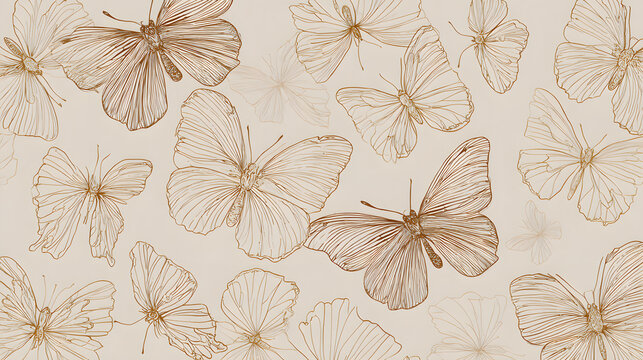 Scandinavian-style butterfly background, thin outline border, neutral beige palette, delicate line art butterflies, minimalist pattern.