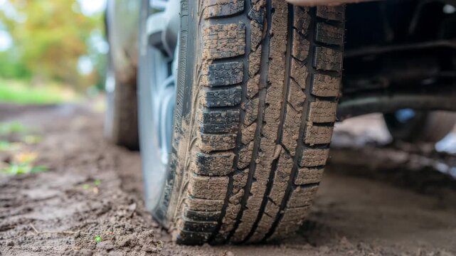 Close-up of Rugged Tire Treads Covered in Thick Mud, Dramatic Low-Angle Shot