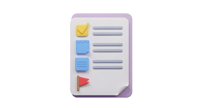 A 3d render of a document with a checklist, email, and flag isolated on transparent background a digital to do list