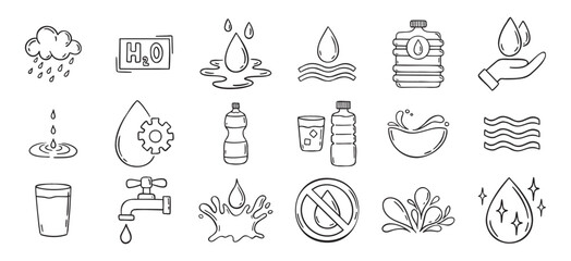 Water doodle hand drawn icons set. Water drawing sketch signs 