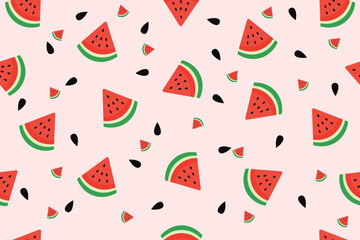 Seamless pattern with watermelon slices and seeds on a pink background, a refreshing summer design