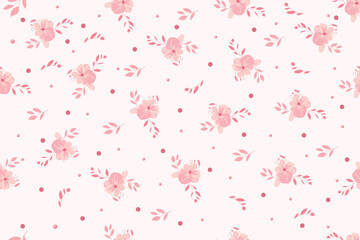 Seamless pattern with pink flowers and dots on a light pink background, a delicate floral design