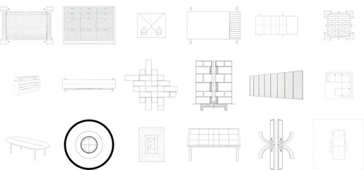 Set of architectural blueprints and technical drawings for various building elements