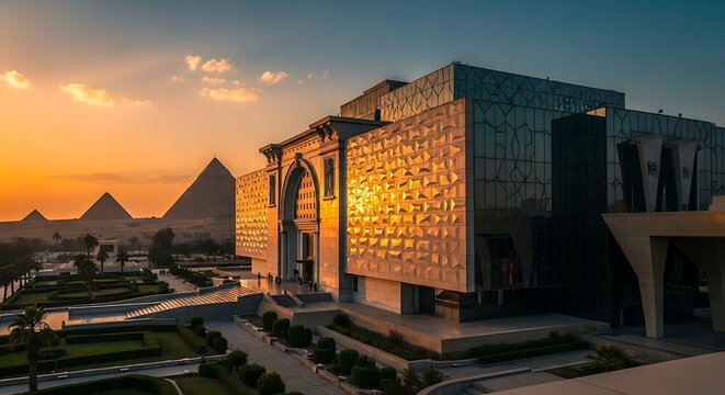 Grand Egyptian Museum Exterior at Sunset