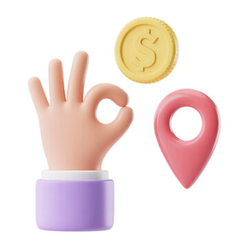 Cartoon hand showing ok sign with dollar coin and location pin isolated on transparent background 3d render