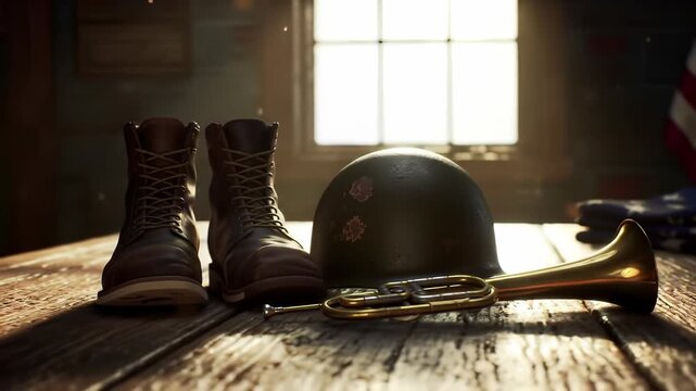 Veterans Day Calm Moment: Honoring Service and Remembrance with Military Boots, Helmet, Bugle, and American Flag