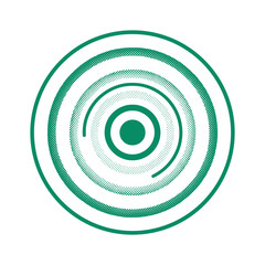 Retro Vintage Halftone Vector Illustration Of Abstract Radio Waves Radiating From A Central Point, Minimal Design, Green Ink On White Background