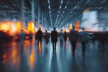 Abstract blurred people at exhibition hall of expo event trade show. Business convention show or job fair. Business concept background.
