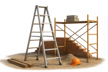 Building materials and construction tools on site, transparent background