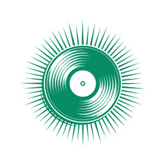 Retro Halftone Vector Illustration Of A Spinning Vinyl Record, Minimal Design, Green Ink On White Background