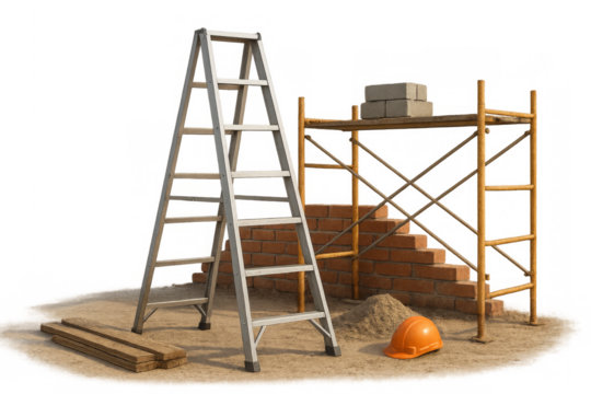 Building materials and construction tools on site, transparent background