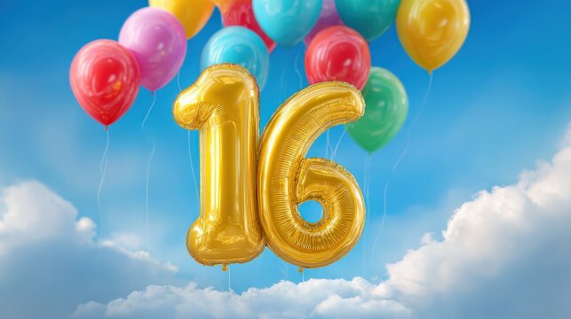 A vibrant scene featuring a large golden "16" balloon among colorful balloons against a bright blue sky with fluffy clouds.