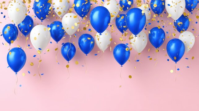 A festive display of blue and white balloons scattered with golden confetti against a soft pink background, perfect for celebrations.