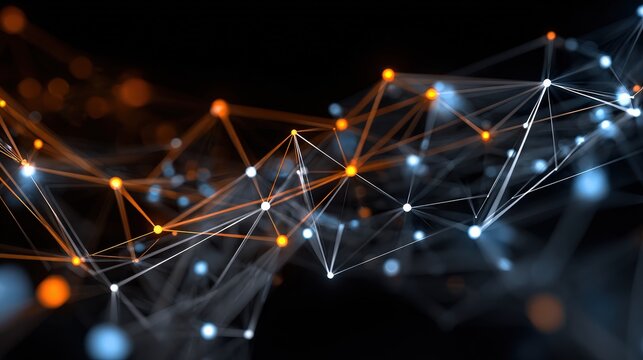 A dynamic network of interconnected lines and nodes in orange, blue, and white against a dark background, illustrating technology and connectivity.