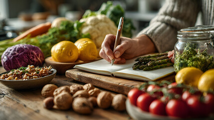 Nutritionist analyzing and writing a healthy meal plan with fresh fruits, vegetables, and nuts on the table