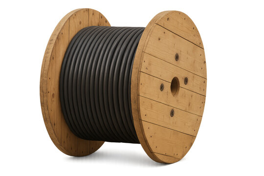 Wooden spool unwinding black electrical cable on transparent background